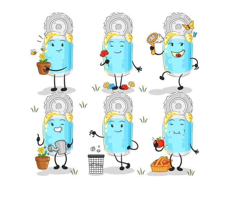 Vector canned fish save the earth group cartoon mascot