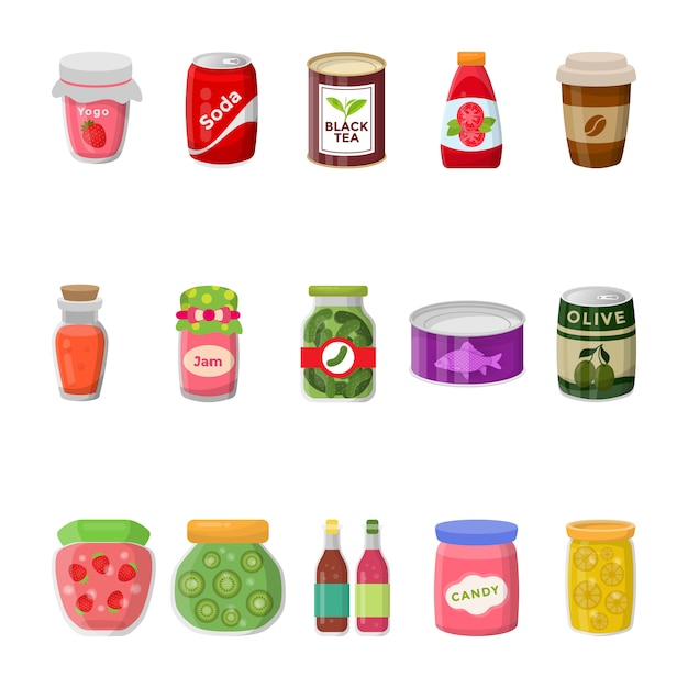 Canned food collection flat icons