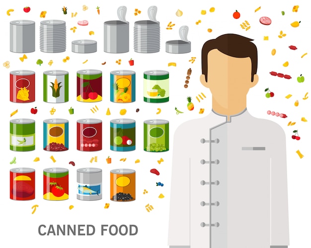 Vector canned food concept background. flat icons.