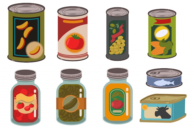 Vector canned food in metal tin and glass jar set.
