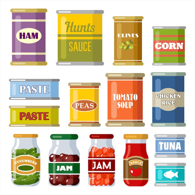 Canned food on the white background.