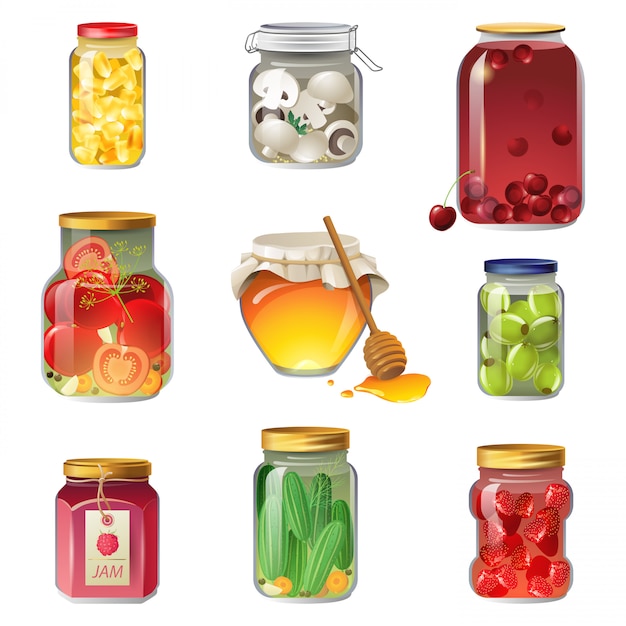 Vector canned fruits and vegetables icon set