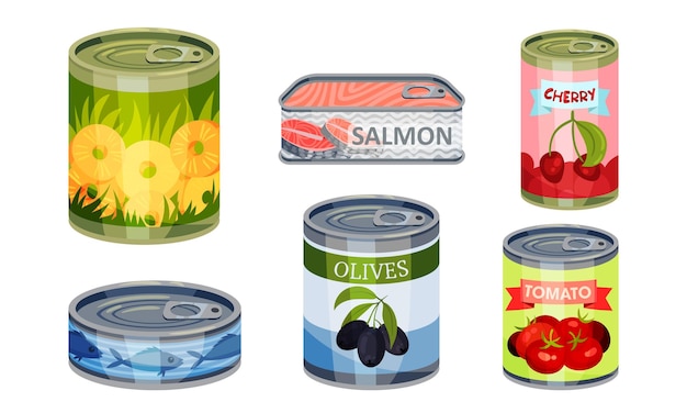 Vector canned goods or food with sliced pineapple and olives vector set