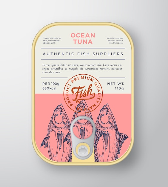 Canned ocean fish abstract vector aluminium container packaging design or label modern typography banner hand drawn tuna silhouette with lettering logo color paper background layout