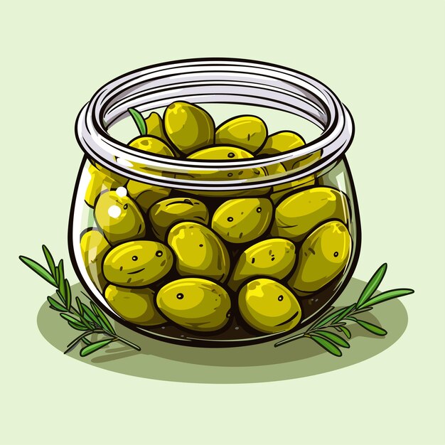 Вектор Консервированные оливки в стеклянной банке. векторная иллюстрация наброска пищевого продукта в стиле ретро-эскиза.