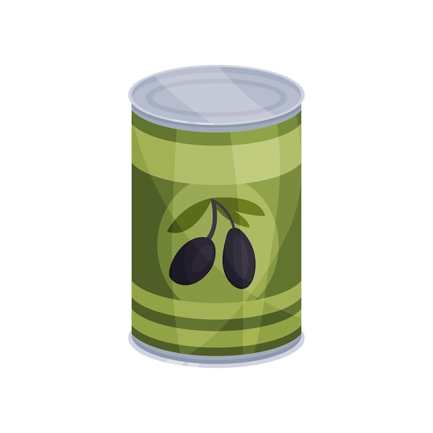 Canned olives tinned food in aluminum can cartoon vector Illustration on a white background