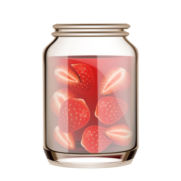 Вектор Консервированная клубника в векторе пустой стеклянной бутылки. баночка с витаминными натуральными ягодами клубники. посуда с маринованными сладкими спелыми фруктами, вкусный десерт шаблон реалистичные 3d иллюстрации