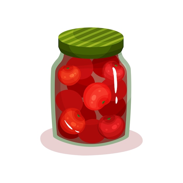 Canned tomatoes in glass jar with green lid Natural homemade product Marinated vegetables in transparent bank Flat vector icon