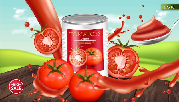 Вектор Консервированные помидоры реалистичный макет