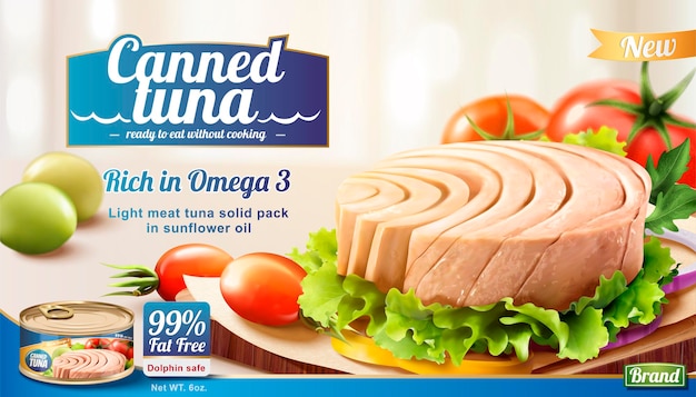 Canned tuna banner with fresh vegetables in 3D style