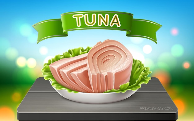 Canned tuna on a lettuce leaf. Background nature and sky. Realistic vector illustration.