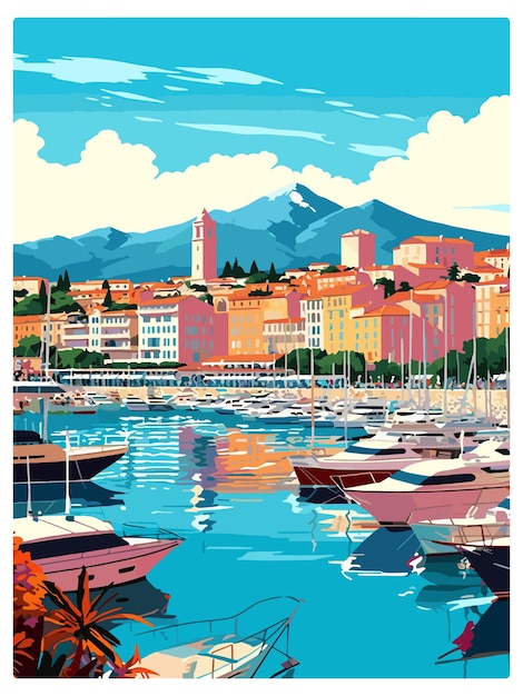 Vector cannes france vintage travel poster souvenir postcard portrait painting wpa illustration