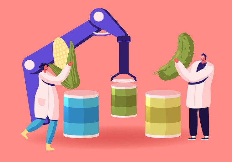 Vector canning factory with smart robotics technologies concept. cartoon flat illustration