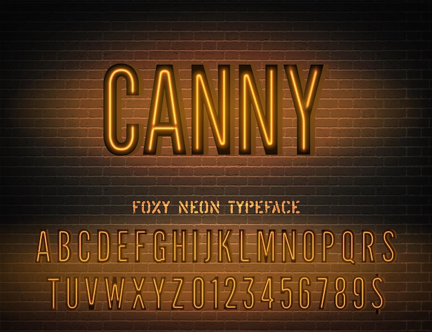 Canny bord met smal oranje neon alfabet op donkere bakstenen achtergrond Foxy nachtlampje gloeiend effect lettertype met getallen Vector illustratie