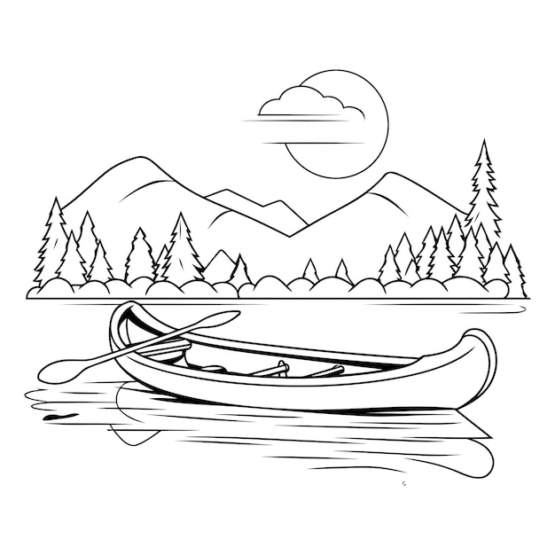 Vector canoe on lake with pine trees and mountains vector illustration graphic design