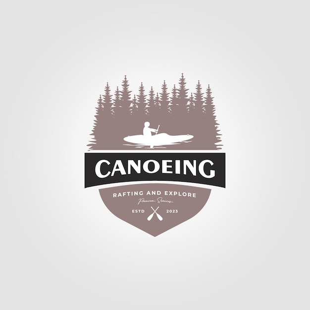 Vector canoe logo emblem with a man kayak logo badge illustration design on lake and forest