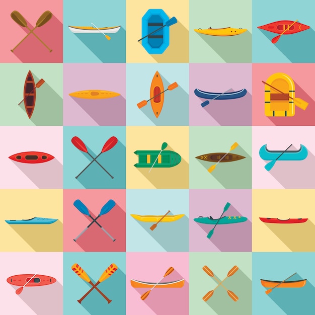 Canoeing icons set, flat style