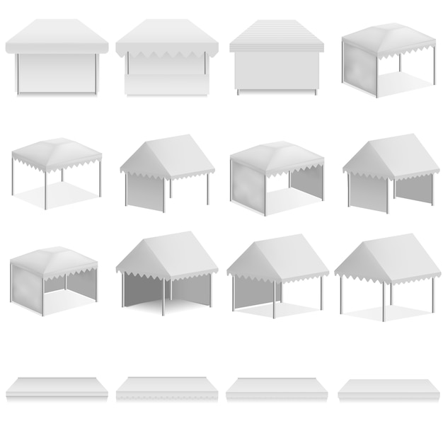 Vector canopy shed overhang awning mockup set. realistic illustration of 16 canopy shed overhang awning mockups for web