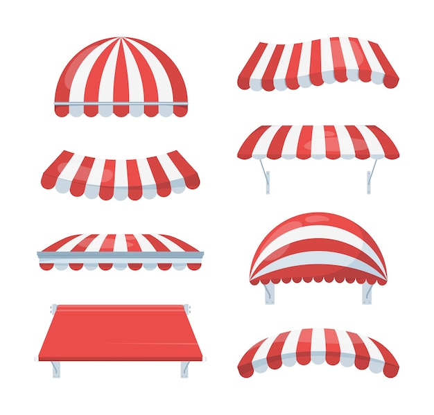 Canopy striped set. Fashionable red white awnings shelter from rain sun necessary accessory cafe retail element of architecture circus summer theater.