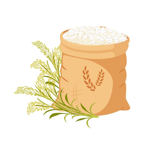 canvas bag filled with rice groats grain harvest with green branches and ears