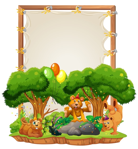 Canvas wooden frame template with bears in party theme isolated