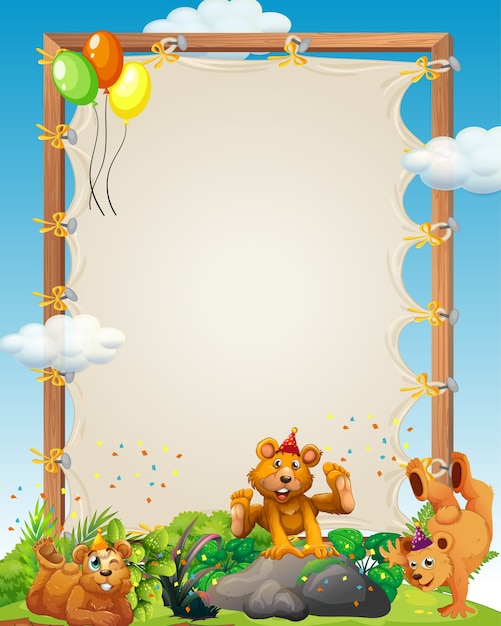 Vector canvas wooden frame template with beas in party theme in the forest