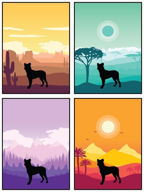 Vector cao fila de seo miguel hondenras silhouet zonsondergang bos natuur achtergrond 4 posters stickers kaarten