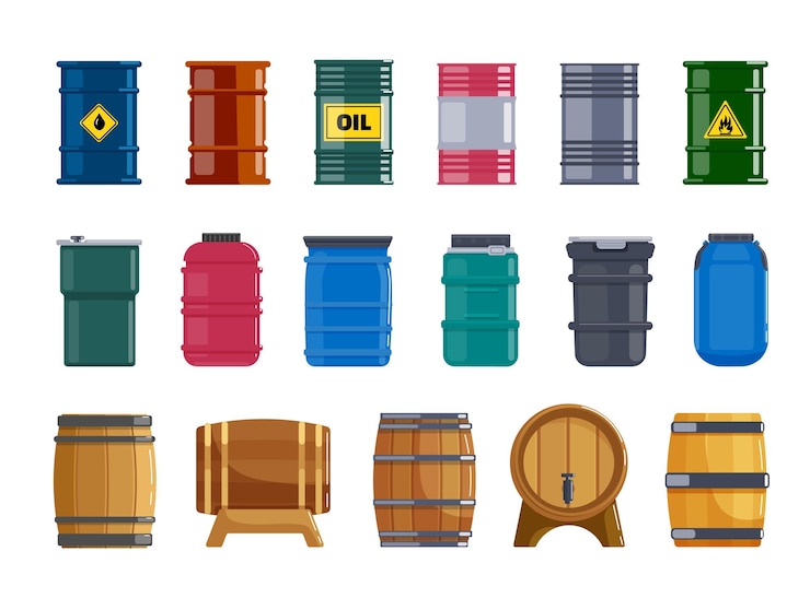 Vector capaciteitstank van metaal, kunststof, houten vat voor vloeistofset. verschillende vat voor veiligheidsopslag, levering scheepvaart gevaar brandstof, ontvlambare benzine, olie, wijn bier vectorillustratie geïsoleerd op wit