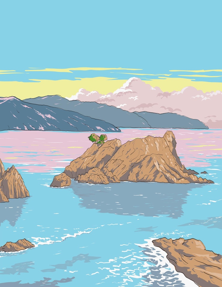 Vector cape ashizuri in ashizuriuwakai national park japan ukiyoe retro woodblock style