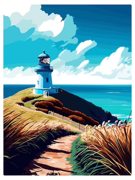 Vettore cape reinga nuova zelanda poster di viaggio vintage souvenir cartolina ritratto pittura illustrazione wpa