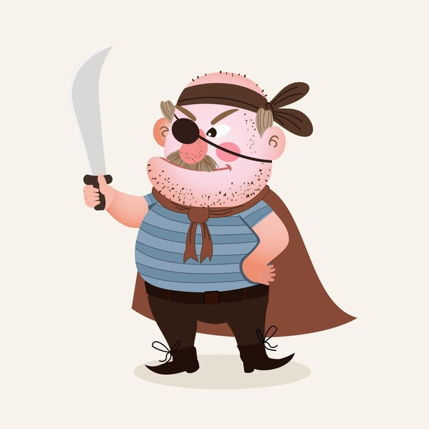 Vector a caped oneeyed bearded pirate with a knife kids vector fairy tales characters