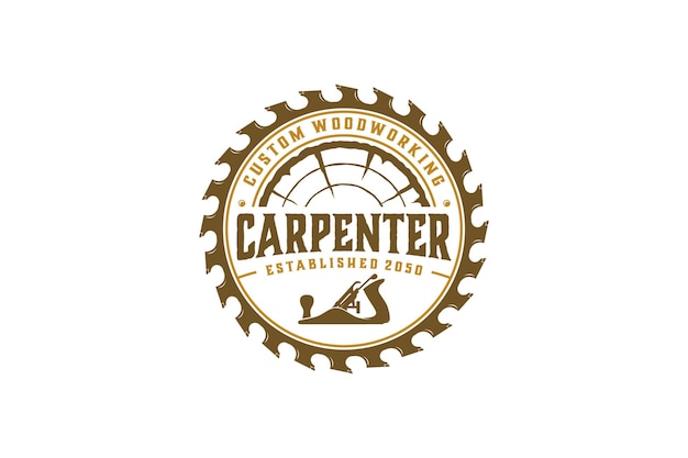 Vector capenter wood work logo design wood plane circular saw vintage  timber lumberjack workshop