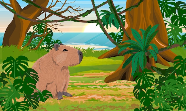 Capibara in de jungle bij de oceaan Wilde dieren van Zuid-Amerika