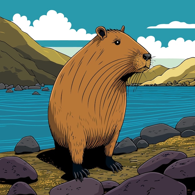 Capibara zoogdier dier in de natuur aan de rand van een rivier met stenen op de grond