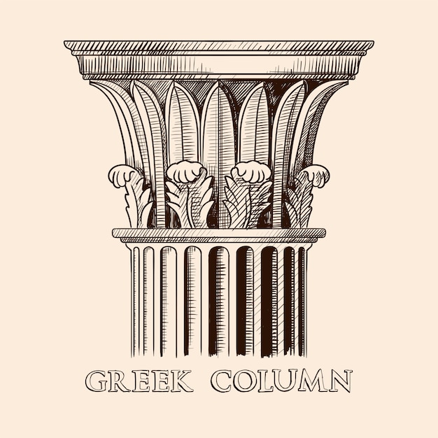 The capital of an ancient Greek column. Hand drawing sketch isolated on beige background.