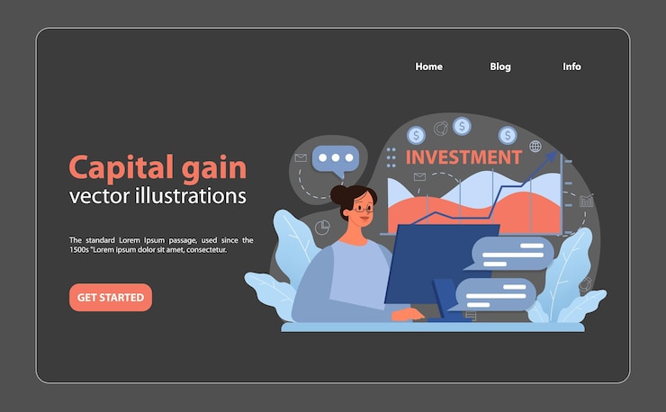 Vector capital gain concept confident investor observes rising graph showcasing investment growth
