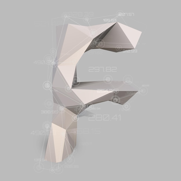 Capital latin letter F  in low poly style Abstract virtual transparent network with data Virtual object vector concept
