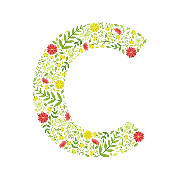 Vector capital letter c green floral alphabet element font uppercase letter made of leaves and flowers pattern vector illustration