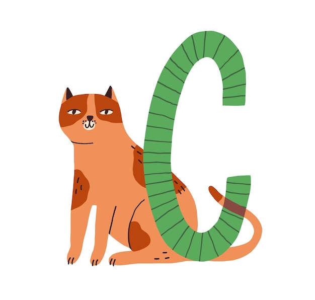 かわいい猫と幼稚な英語のアルファベットの大文字 c。幼稚園と就学前の教育のための動物と面白い子供のフォントです。手描きのフラット ベクトル イラスト白背景に分離されました。