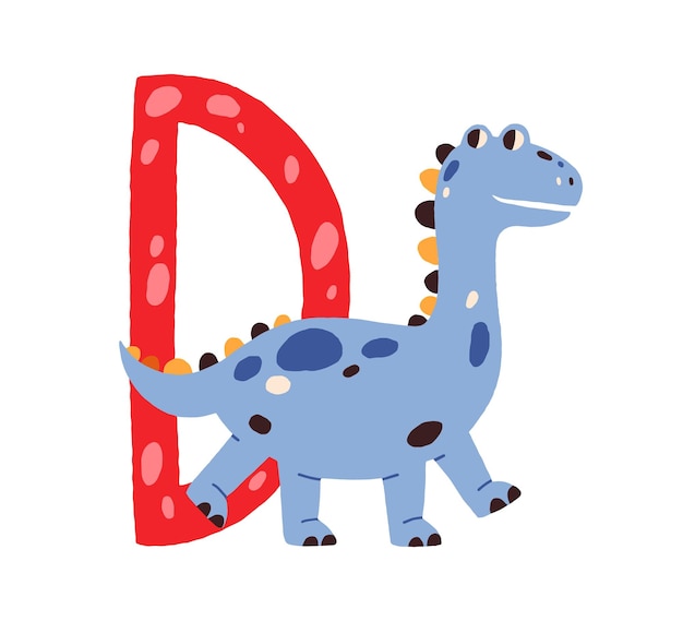 Заглавная буква D детского английского алфавита с милым детенышем динозавра. Детский шрифт с забавным животным для детского сада и дошкольного образования. Нарисованная вручную плоская векторная иллюстрация, выделенная на белом.