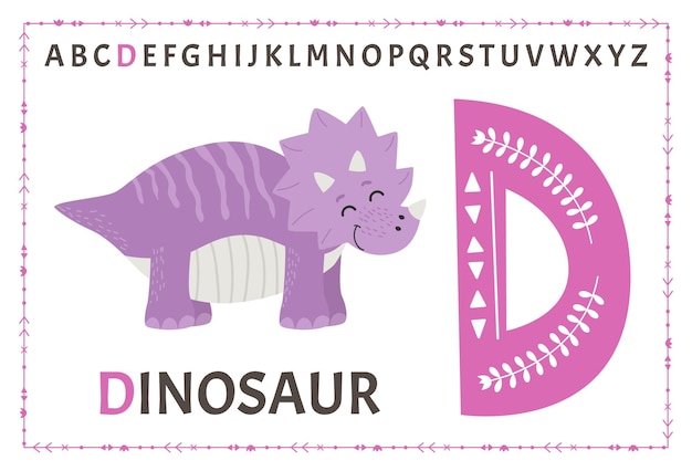 Capital letter D of childish English alphabet with cute baby dinosaur Kids font with funny animal