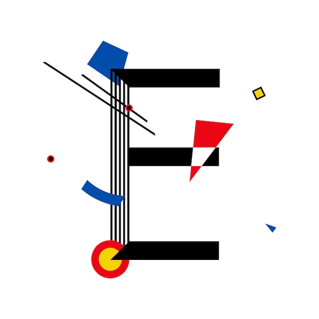 Capital letter E made up of simple geometric shapes in Suprematism style