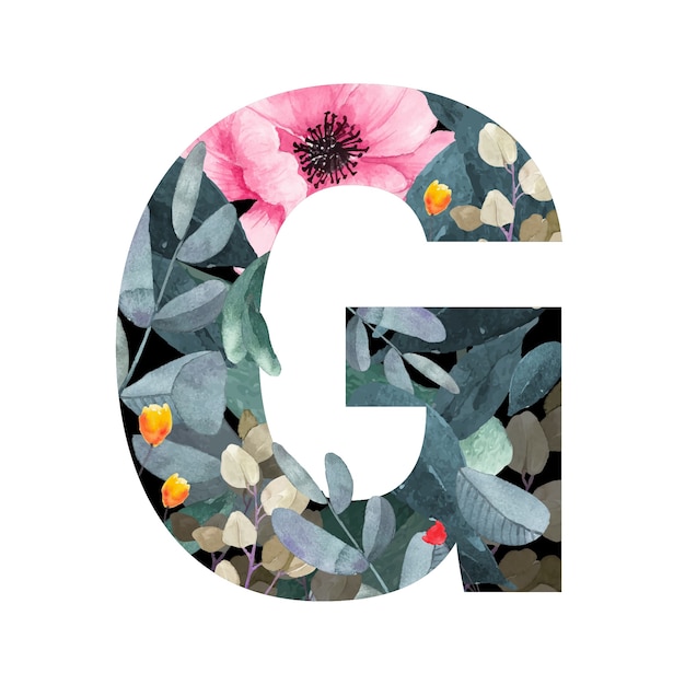 Vector capital letter g floral style. with flowers and leaves of plants.