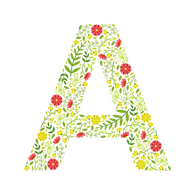 Capital Letter A Green Floral Alphabet Element Font Uppercase Letter Made of Leaves and Flowers Pattern Vector Illustration