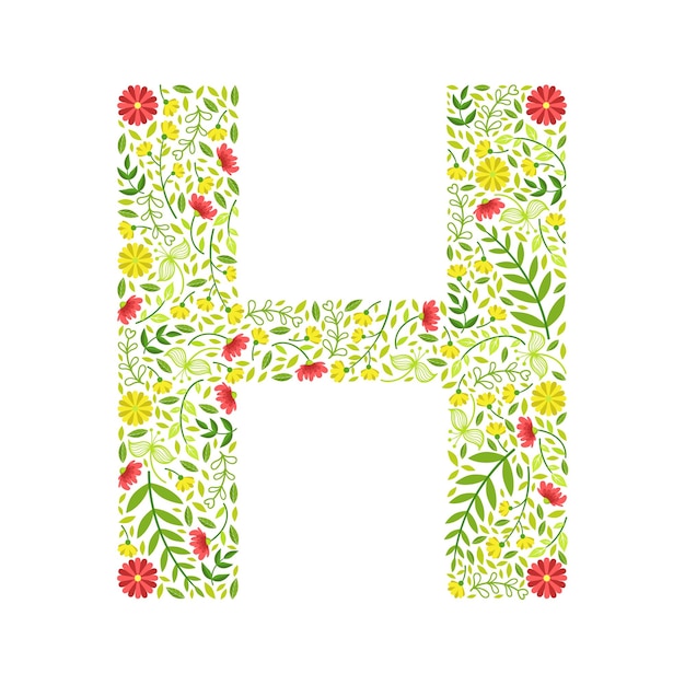 Capital Letter H Green Floral Alphabet Element Font Uppercase Letter Made of Leaves and Flowers Pattern Vector Illustration