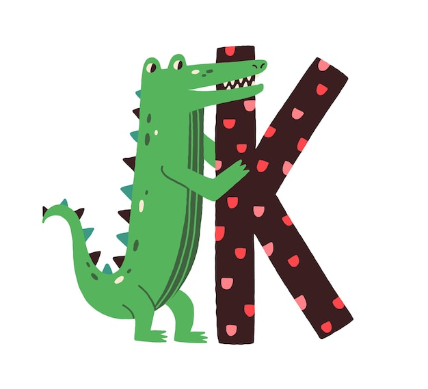 Capital letter k of childish alphabet with animal in scandi style. kids font with crocodile for kindergarten and preschool education. colored flat vector illustration isolated on white background.