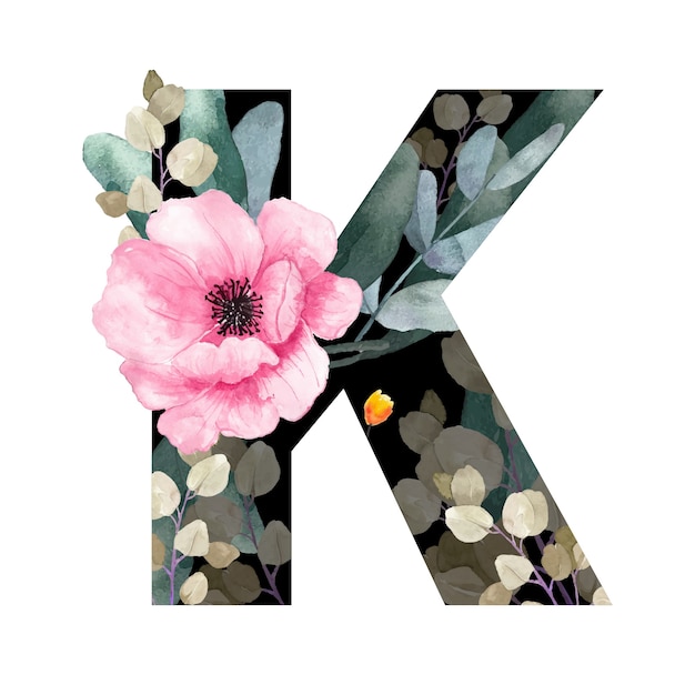 Vector capital letter k floral style. with flowers and leaves of plants.