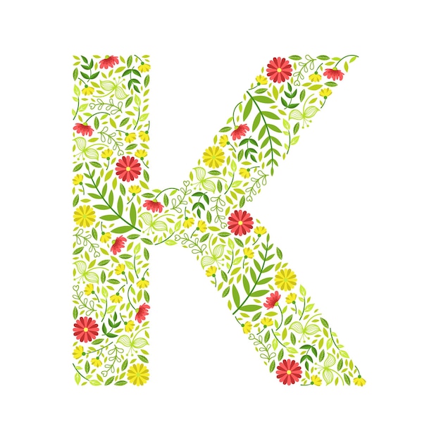 벡터 대문자 k 녹색 꽃 알파 요소 글 대문자 잎과 꽃으로 만든 글자 패턴 터 일러스트레이션