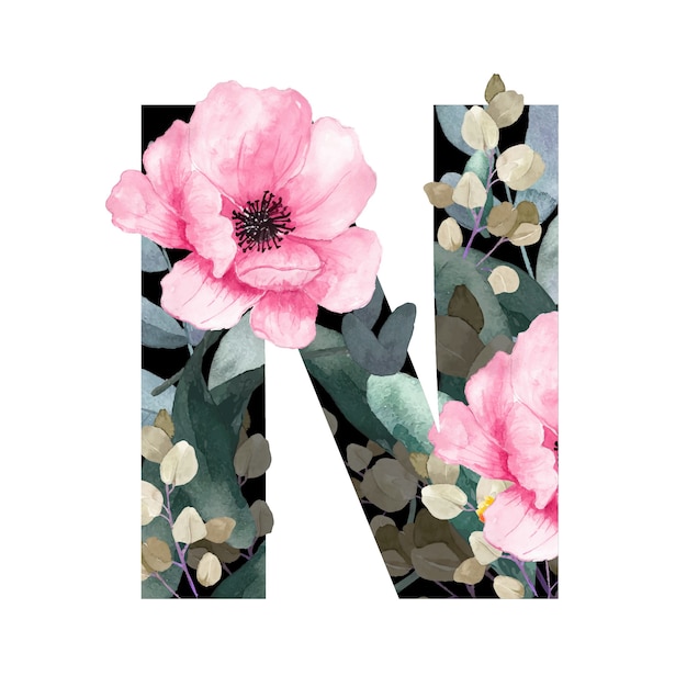 Vector capital letter n floral style. with flowers and leaves of plants.