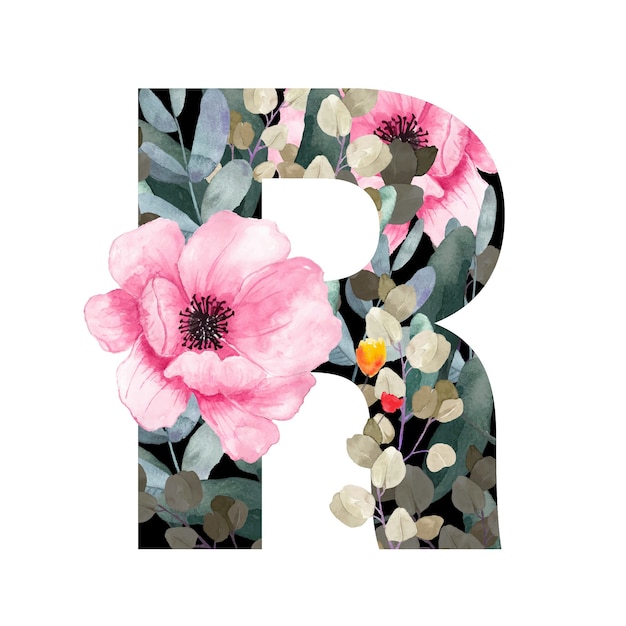 Vector capital letter r floral style with flowers and leaves of plants